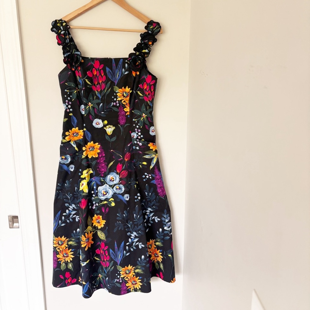 Teri Jon Rickie Freeman Black Floral  midi Dress with Ruffled Straps sz. 10